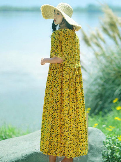 Fresh Floral Printed Yellow Long Dress