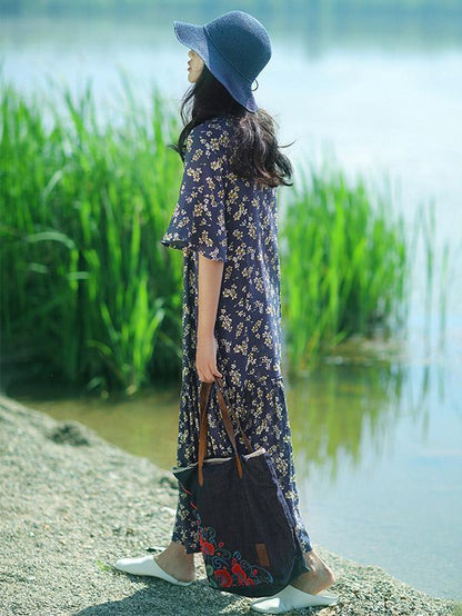 Summer Long One Half Sleeves Dress with Floral Print