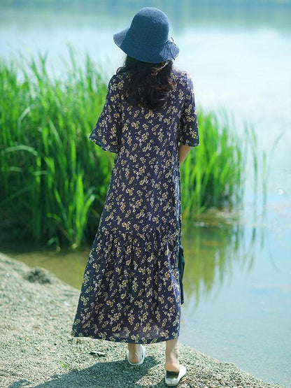 Summer Long One Half Sleeves Dress with Floral Print
