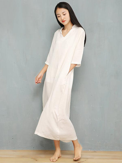 Loose Pure Color V-Neck Silky Long Dress