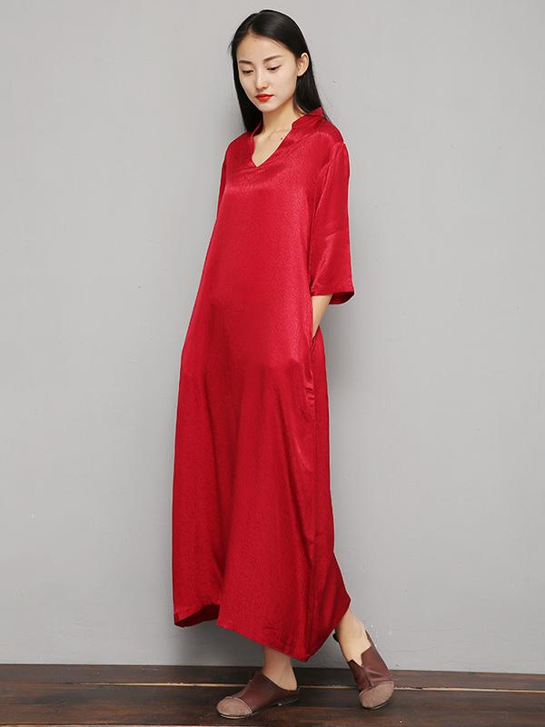 Loose Pure Color V-Neck Silky Long Dress