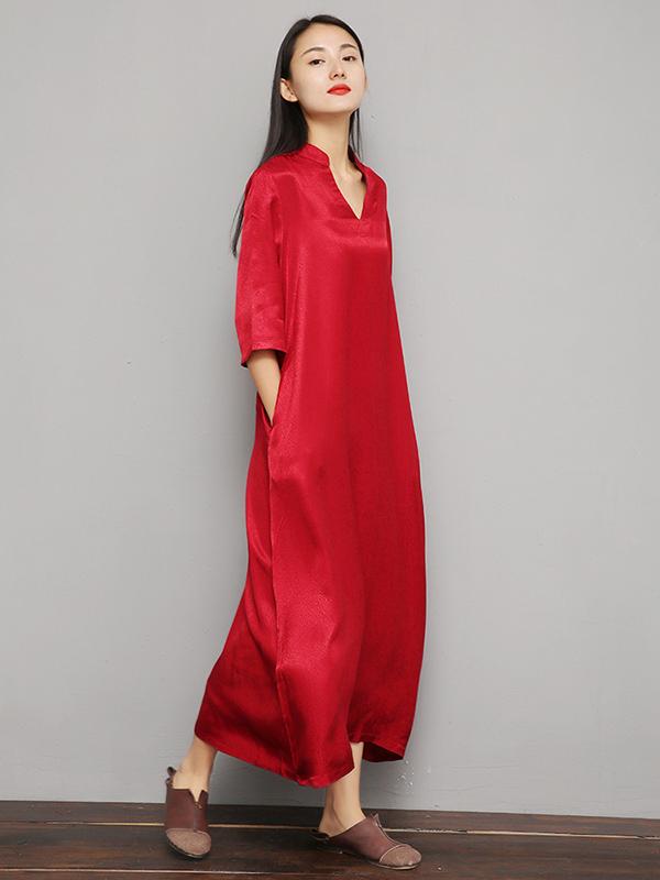 Loose Pure Color V-Neck Silky Long Dress