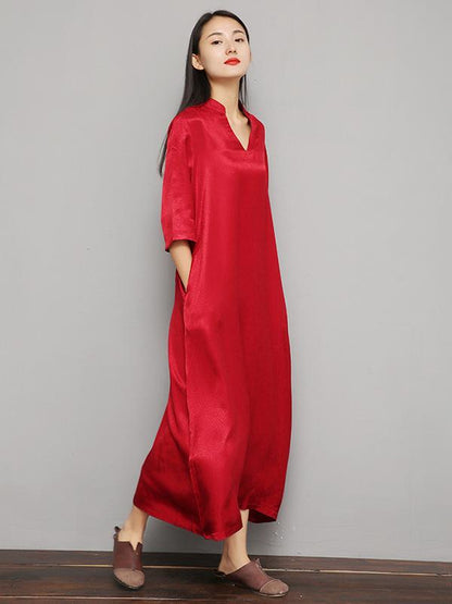 Loose Pure Color V-Neck Silky Long Dress
