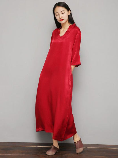 Loose Pure Color V-Neck Silky Long Dress