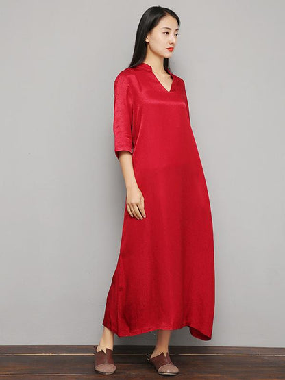 Loose Pure Color V-Neck Silky Long Dress
