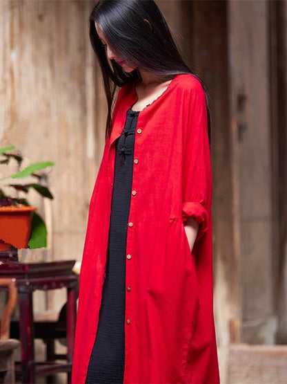 Long Loosen Cotton Cardigan Mantle, Red Size