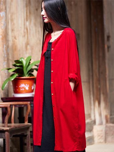 Long Loosen Cotton Cardigan Mantle, Red Size