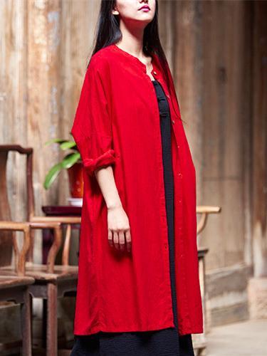 Long Loosen Cotton Cardigan Mantle, Red Size