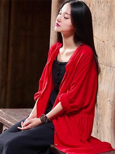 Long Loosen Cotton Cardigan Mantle, Red Size
