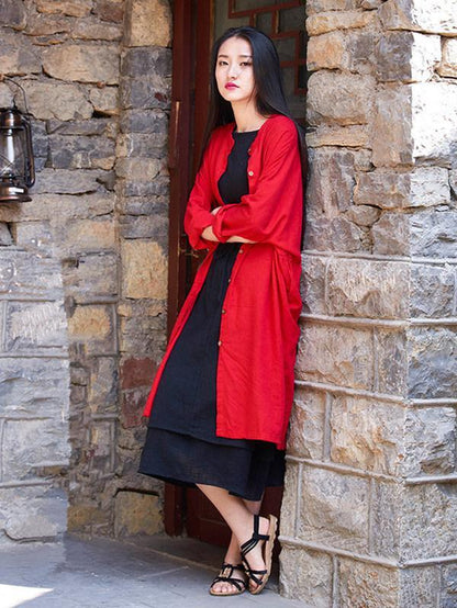 Long Loosen Cotton Cardigan Mantle, Red Size