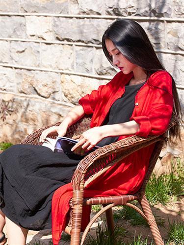 Long Loosen Cotton Cardigan Mantle, Red Size