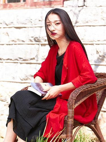 Long Loosen Cotton Cardigan Mantle, Red Size