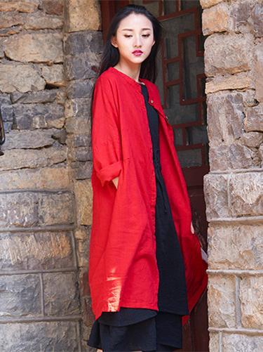 Long Loosen Cotton Cardigan Mantle, Red Size