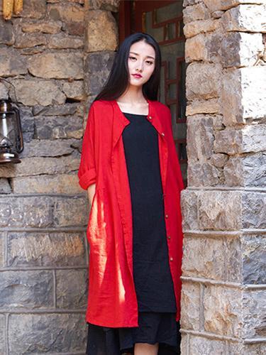 Long Loosen Cotton Cardigan Mantle, Red Size