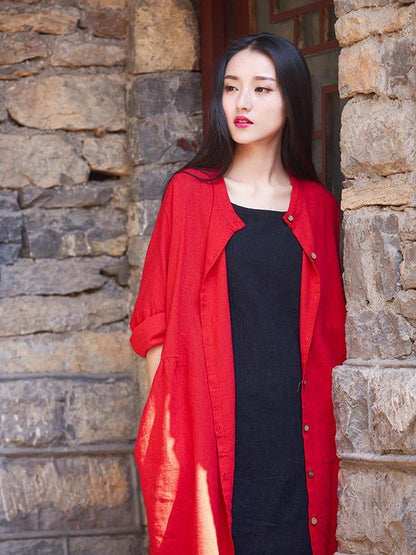 Long Loosen Cotton Cardigan Mantle, Red Size