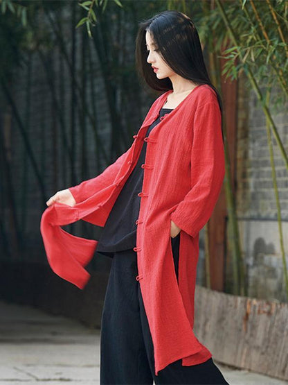 Chinese Style Cotton Outwear Cardigan in Blue and Red Color