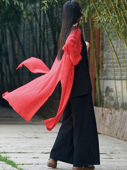Chinese Style Cotton Outwear Cardigan in Blue and Red Color