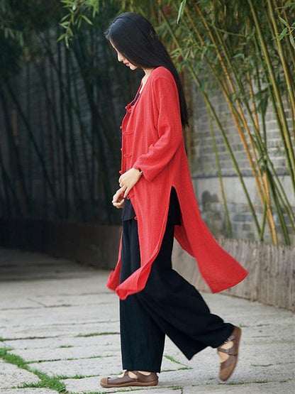 Chinese Style Cotton Outwear Cardigan in Blue and Red Color