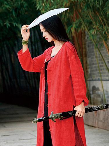Chinese Style Cotton Outwear Cardigan in Blue and Red Color