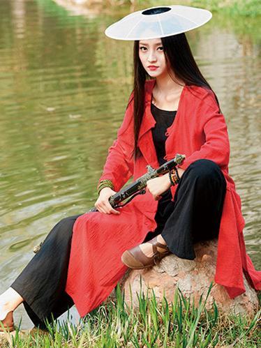 Chinese Style Cotton Outwear Cardigan in Blue and Red Color