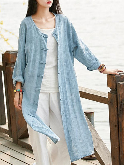 Chinese Style Cotton Outwear Cardigan in Blue and Red Color