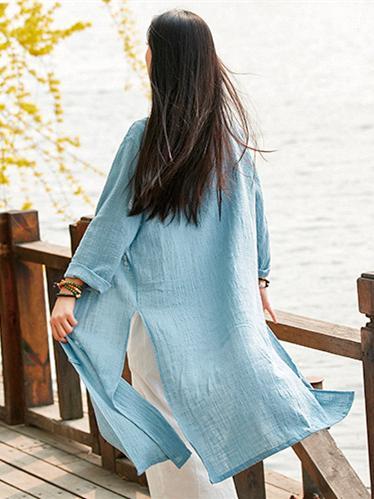 Chinese Style Cotton Outwear Cardigan in Blue and Red Color