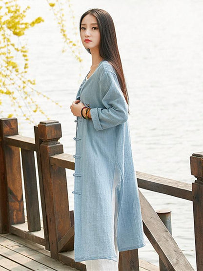 Chinese Style Cotton Outwear Cardigan in Blue and Red Color