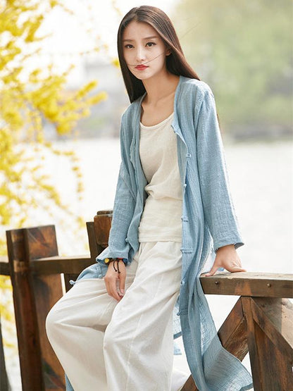 Chinese Style Cotton Outwear Cardigan in Blue and Red Color