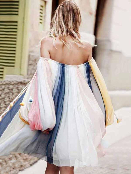 Striped Off-the-shoulder Puff Sleeves Mini Dress