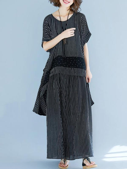 Casual Striped Suit of Short Sleeves Blouse and Breeches
