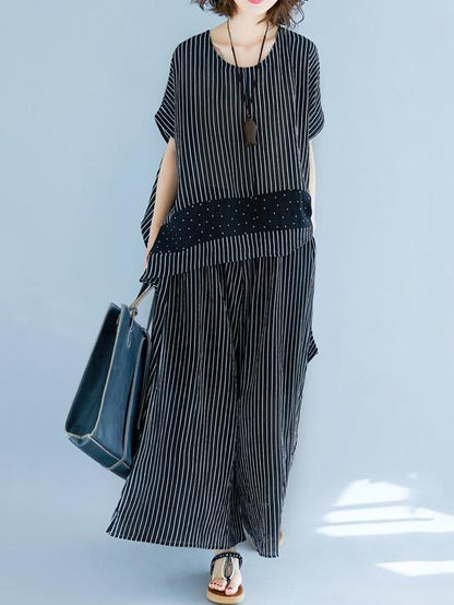 Casual Striped Suit of Short Sleeves Blouse and Breeches