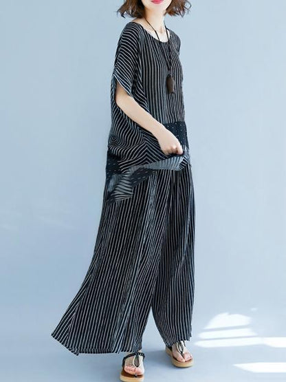 Casual Striped Suit of Short Sleeves Blouse and Breeches