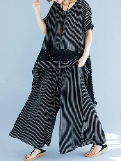 Casual Striped Suit of Short Sleeves Blouse and Breeches