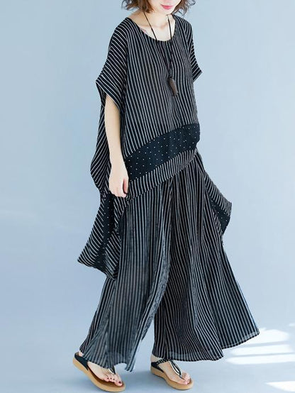 Casual Striped Suit of Short Sleeves Blouse and Breeches