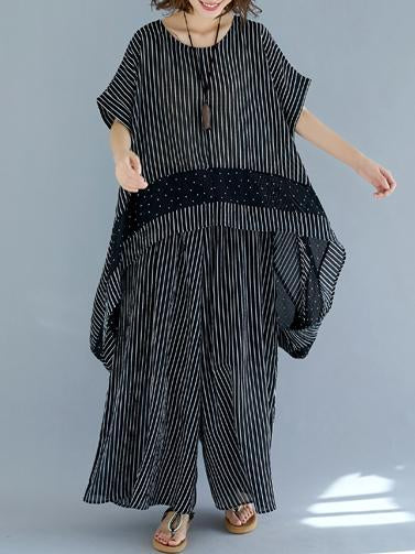 Casual Striped Suit of Short Sleeves Blouse and Breeches