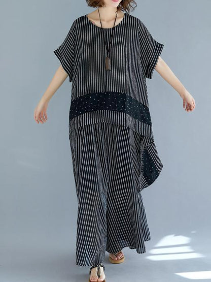 Casual Striped Suit of Short Sleeves Blouse and Breeches