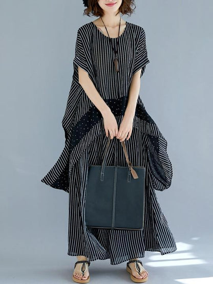 Casual Striped Suit of Short Sleeves Blouse and Breeches
