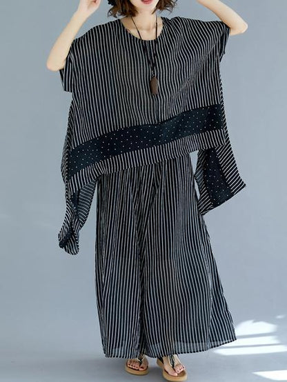 Casual Striped Suit of Short Sleeves Blouse and Breeches