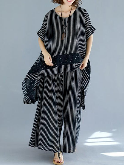 Casual Striped Suit of Short Sleeves Blouse and Breeches