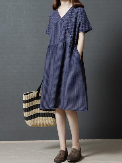 Plaid Casual Long Dress in Red or Navy Blue Color