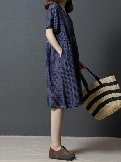 Plaid Casual Long Dress in Red or Navy Blue Color