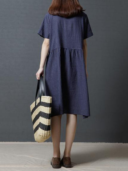 Plaid Casual Long Dress in Red or Navy Blue Color