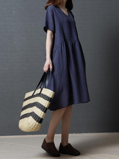 Plaid Casual Long Dress in Red or Navy Blue Color