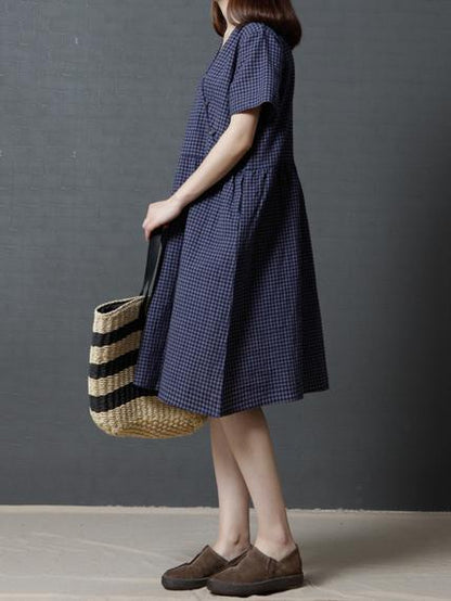 Plaid Casual Long Dress in Red or Navy Blue Color