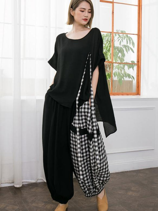 Fashion Loose Mixed Style Split-joint Suit with Round Neck