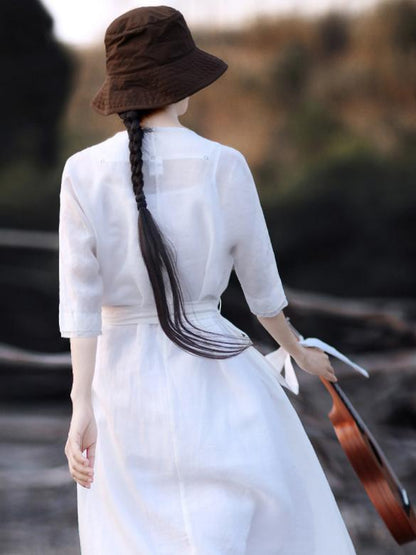 Classical Retro White Long Dress with Belt