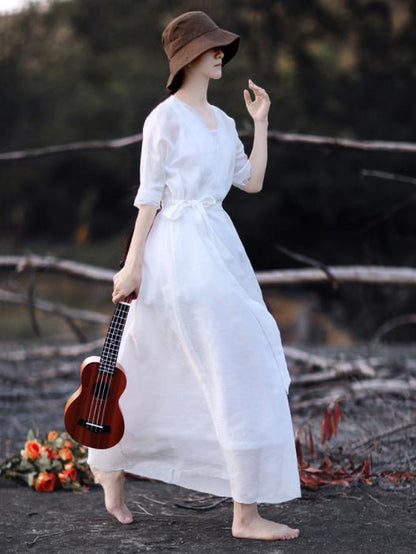 Classical Retro White Long Dress with Belt