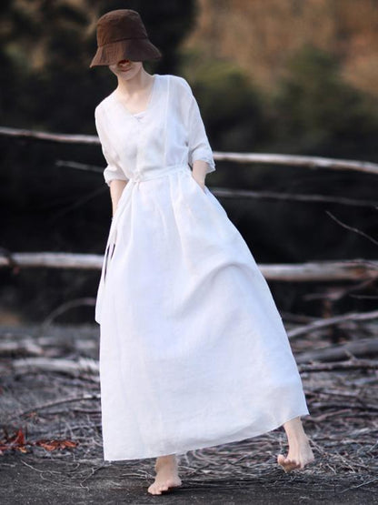Classical Retro White Long Dress with Belt