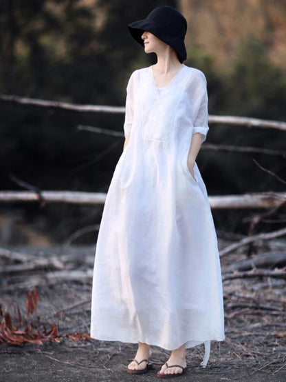 Classical Retro White Long Dress with Belt