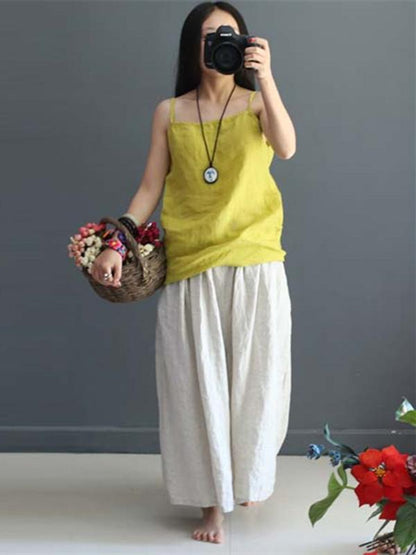 Soft Beige Wide Leg Loose Linen Pants